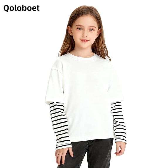 Qoloboet Striped Pullover Tops for Girls Spring Fall Casual Long Sleeve Round Neck Patchwork Shirts 3-14 Years