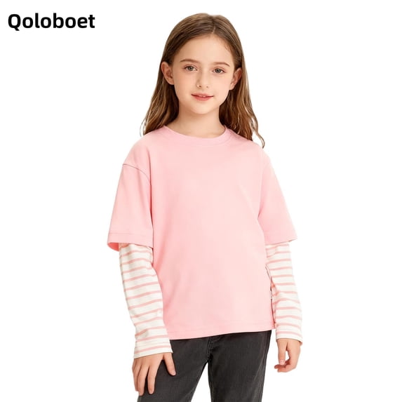 Qoloboet Striped Pullover Tops for Girls Spring Fall Casual Long Sleeve Round Neck Patchwork Shirts 3-14 Years