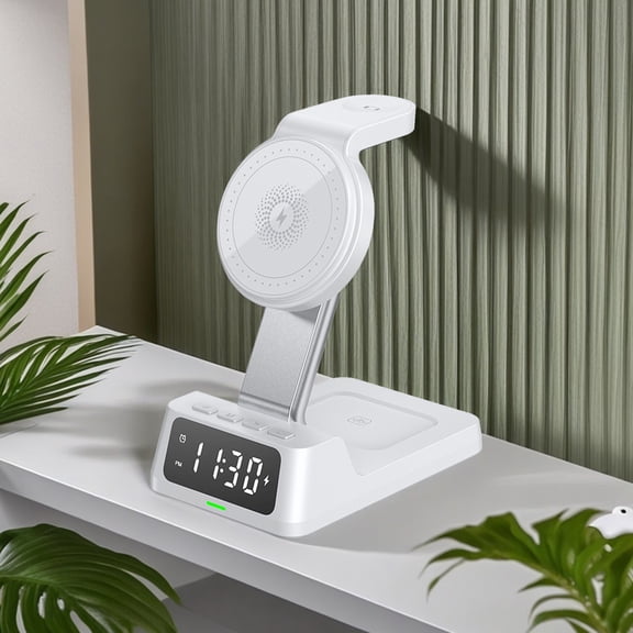 Qonioi 15W Fast Wireless Charging Station with Digital Alarm Clock, 4-in-1 Multi-Device Charger Stand for Android Phone Watch Headphones, Vertical Horizontal Desktop Charging Dock for Office Bedroom