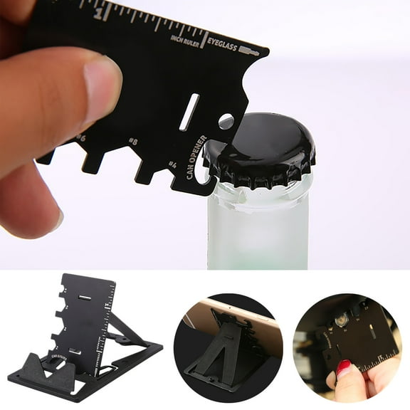 Qonioi 3 in 1 Multifunctional Folding Tool, Stainless Steel Mini Card Tool with Phone Bracket and Bottle Opener, Portable Emergency Kit for Camping Outdoor Screwdriver Keychain