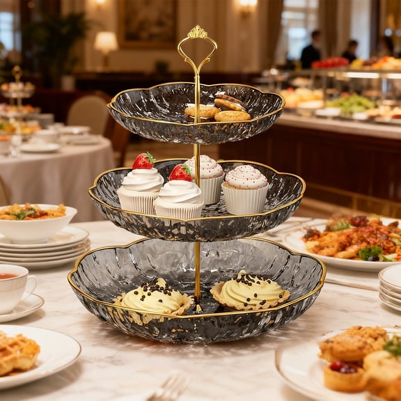 Qonioi 3 Tier Fruit Tray, 9.45 Inch 3 Layer Snack Serving Platter, Elegant Plastic Dessert Stand for Coffee Table Party Candy Display