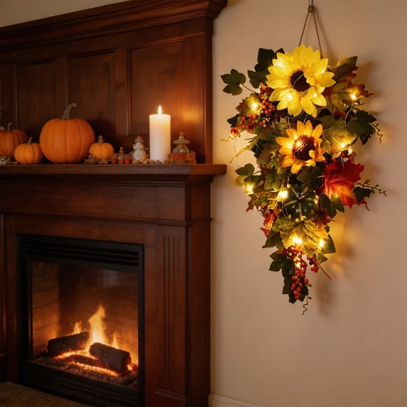 Qonioi 70.9 Inch Sunflower Pumpkin Rattan Wall Hanging, Realistic Fall Garland with Pumpkin Accents, Artificial Vine for Home Halloween Thanksgiving Decor