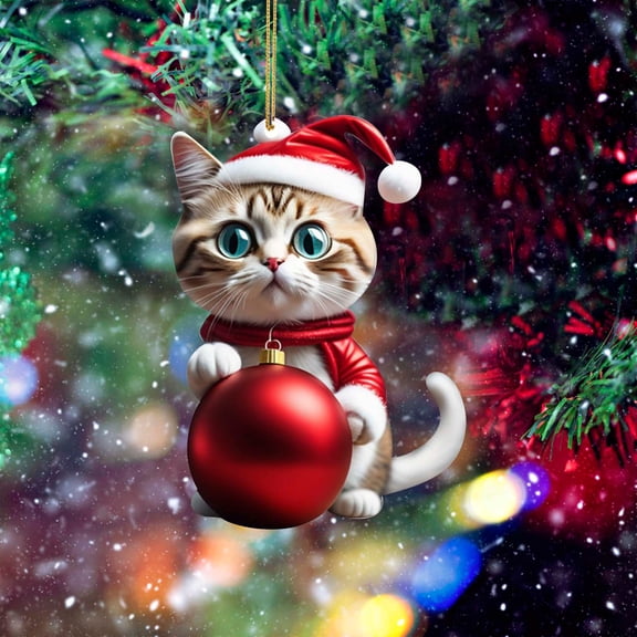 Qonioi Acrylic Christmas Cat Ornament, Funny Cat Pendant Decoration, Cute Christmas Tree Jewelry with Rope for Indoor Outdoor Wall Hanging