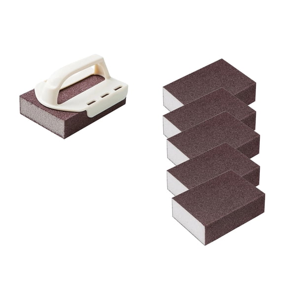Qonioi Carbide Cleaning Sponge 5pc with Handle, Heavy Duty Rust Eraser for BBQ Grill, Decontamination Scrubber for Cookware Oven Rack