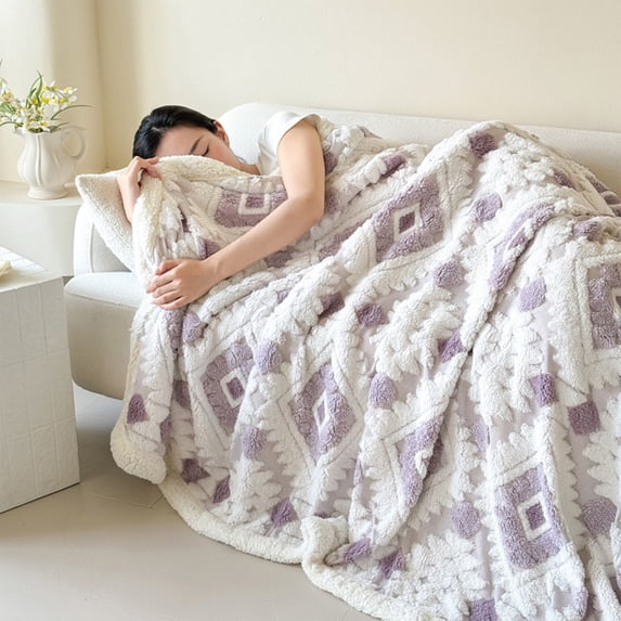 Qonioi Cationic Hollow Taffeta Lambswool Warm Nap Blanket, Double Layer Office Cover Sofa Throw, Soft Polyester Flannel Blanket for Bed Couch Winter Outdoor