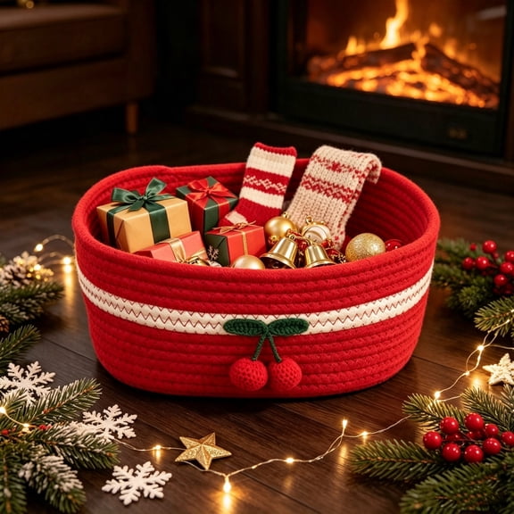 Qonioi Christmas Red Cherry Pattern Storage Basket, Decorative Organizer Bin with Handles, Lightweight Cotton Fabric Toy Clothes Blanket Holder for Home Bedroom Playroom