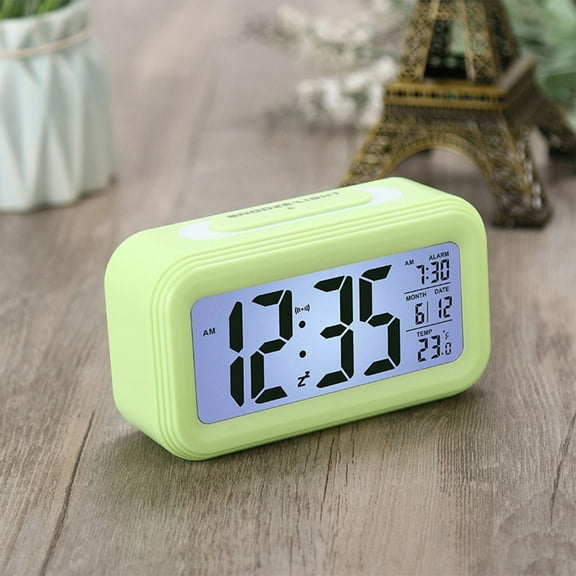 Qonioi Digital Alarm Clock with Background Lighting, LCD Display Temperature Monitor Snooze Calendar Clock, Multifunctional Weather Clock for Bedroom Desk Office Home