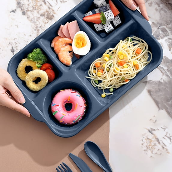 Qonioi Divided Plates, 5 Compartment Meal Prep Trays for Adults Kids, Plastic Sectioned Dinnerware Plates for Microwave Dishwasher, Stackable Portion Control Plates for Weight Loss Diet