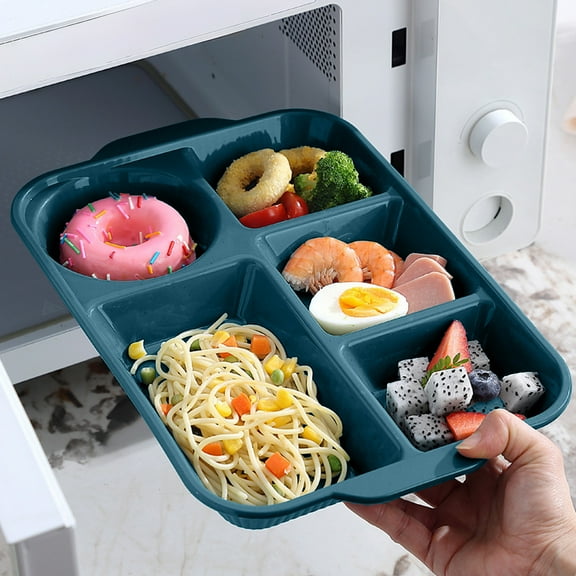 Qonioi Divided Plates, 5 Compartment Meal Prep Trays for Adults Kids, Plastic Sectioned Dinnerware Plates for Microwave Dishwasher, Stackable Portion Control Plates for Weight Loss Diet