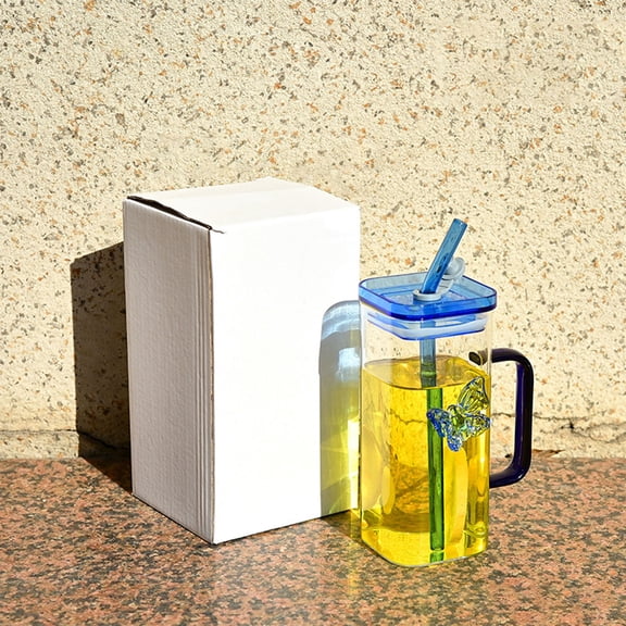 Qonioi Double-Wall Glass Tumbler with Handle, Insulated Straw Cup for Cold Drinks, Elegant Two-Way Straw Glassware for Home Office Travel