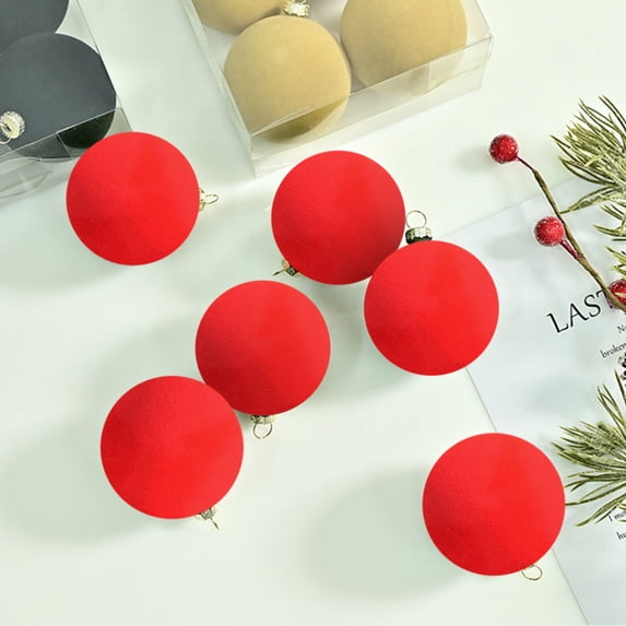 Qonioi Flocked Christmas Tree Ornaments, 6 Pcs Velvet Christmas Balls with Hanging Rope, 2.4 Inch Plastic Xmas Tree Decorations for Fireplace Wall, Red