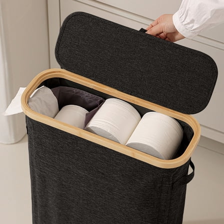 Qonioi Foldable Tissue Storage Basket, Transparent Window Lid for Toilet Paper Organizer, Waterproof Sundries Holder Home Utility