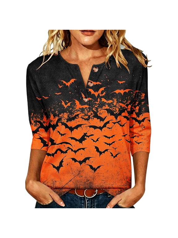Gothic Blouse for Women V Neck 3/4 Sleeve Print Loose Casual Party Night Out Top, Orange L