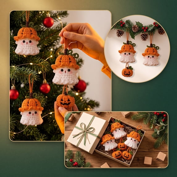 Qonioi Handmade Knitted Ghost Pendant, Cute Crochet Hanging Ornament for Christmas Tree, Halloween Decor Keychain Bag Charm Holiday Party Gift, Orange