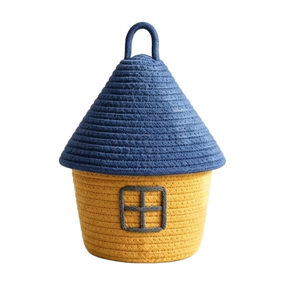 Qonioi House Shaped Cotton Rope Storage Basket With Lid, Woven Desktop Organizer Bin, Adorable Decorative Container for Cosmetics Sundries
