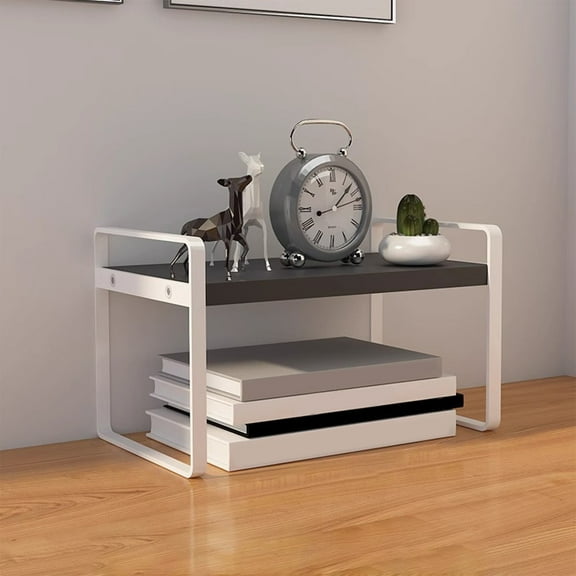 Qonioi Iron Wood Desktop Rack, Two-Tier Storage Shelf for Books Display, Stand Organizer Unit