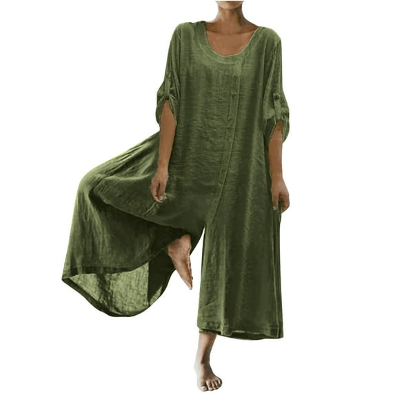 Qonioi Jumpsuits for Women, Women Linen Button down Long Sleeve Wide Leg Jumpsuit Beach Palazzo Pants One Piece Jumpsuit