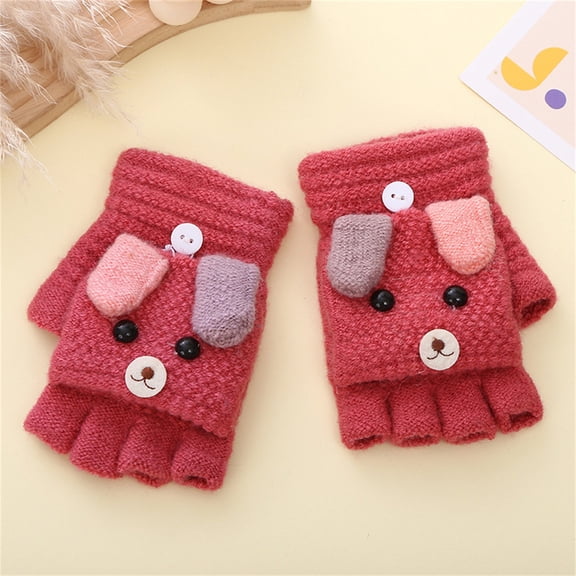 Qonioi KidsWinter Convertible Gloves, Flip Top Fingerless Gloves with Mitten Cover for Boys Girls, Warm Knitted Gloves