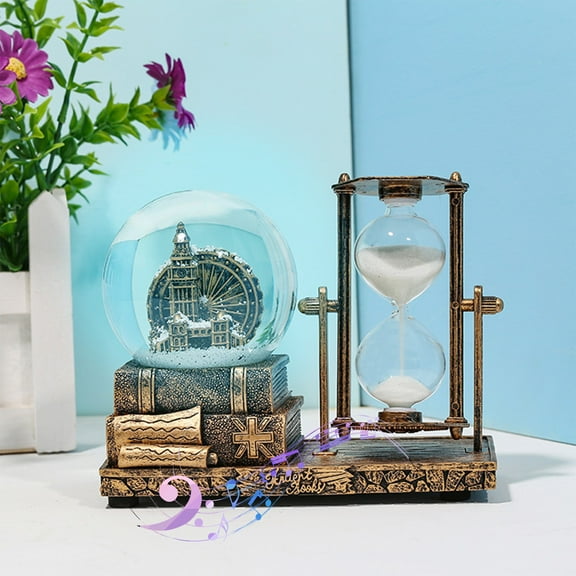 Qonioi LED Music Crystal Snow Ball with Hourglass, Vintage Tower Christmas Decoration, Desktop Ornament with 7 Songs
