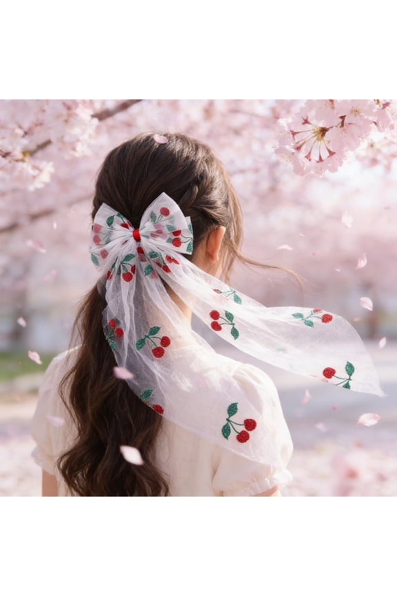 Lace Heart Cherry Double Bow Hair Clip, Valentines Day Hair Accessory With Long Ribbon Back, Red Holiday Hair Clip For Kids Girls Boys 3-12 Years Old