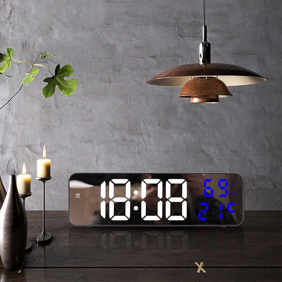 Qonioi Large LED Digital Wall Clock, Temperature Date Humidity Display with Adjustable Brightness, Mirror Wall-Mounted Alarm Clock for Home Office Decor, Electronic LCD Screen Clock for Bedroom