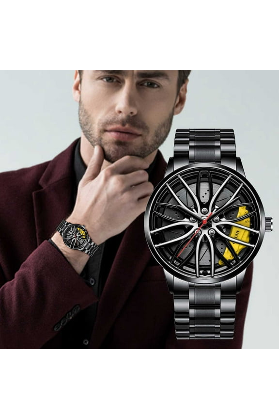 Men's Wheel Sports Watch, Automotive Tire Shaped Quartz Watch with Rotating Wheels, Water Resistant Fashion Watch for Men Outdoor Activities Daily Wear