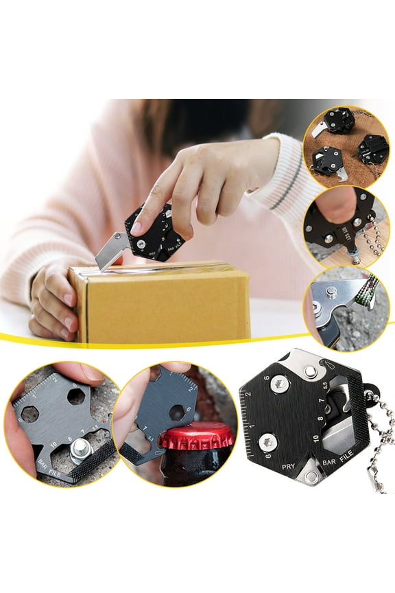 Multifunctional Hexagon Tool Card, Pocket Screwdriver Keychain with Bottle Opener and Ruler, Survival Gear Folding Multi-Tool for Outdoor EDC, Gifts for Men