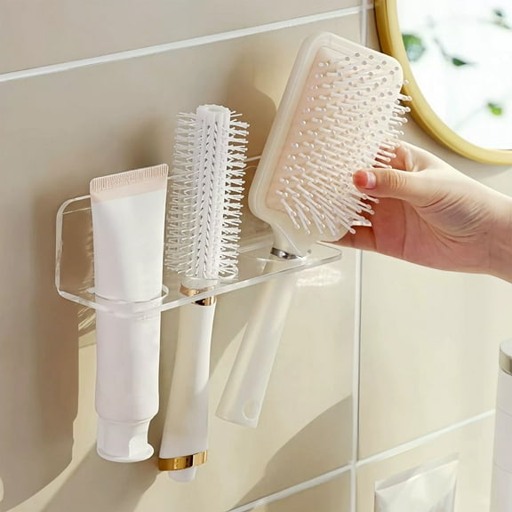 Qonioi No Drill Bathroom Comb Rack, Wall Mounted Shaver and Razor Holder, Plastic Grooming Organizer for Washstand Counter Glass Tile