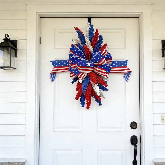 Qonioi Patriotic Grain Garland, Artificial Grain Teardrop Wreath with Star Accents and Bow, 4th of July Memorial Day Independence Day Front Door Decor, Weather-Resistant Plastic Wreath