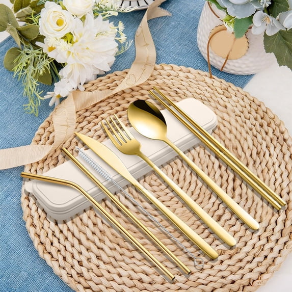 Qonioi Portable Stainless Steel Cutlery Set, 7-Piece Chopsticks Spoon Knife Fork with Storage Case for Outdoor Camping, Reusable Utensil Kit