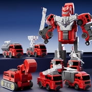 Qonioi Puzzle Transformation Engineering Vehicle, 5-in-1 Fire Truck to Robot Model, Press Go Toy Set Transforming Vehicle