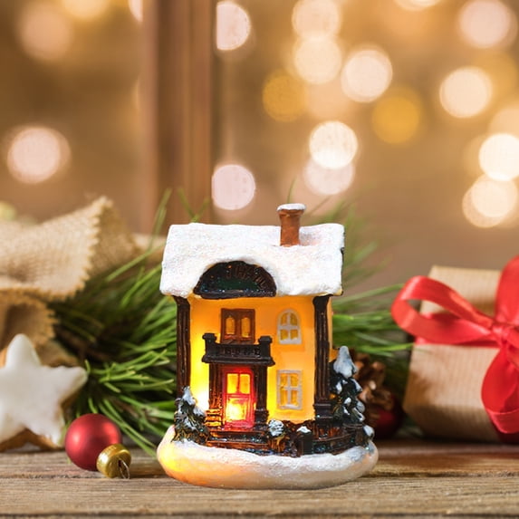 Qonioi Resin Christmas Village House with Warm White LED Lights, Snow Covered Miniature Town, Festive Tabletop Ornament for Cozy Seasonal Display