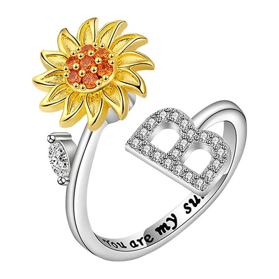 Qonioi Rotating Sunflower Anxiety Ring, Open Adjustable Spinner Ring with Zirconia for Stress Relief Focus
