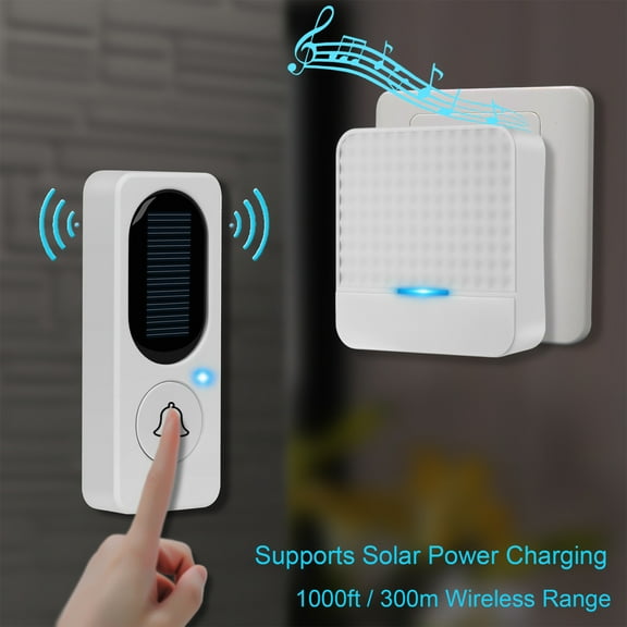 Qonioi Solar Powered Wireless Doorbell Kit, Plug-In Chime with 4 Volume Levels for Household, Weatherproof Remote Entry Alert