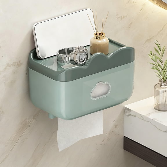Qonioi Toilet Paper Box Dispenser, No Drill Waterproof Tissue Holder with Storage Shelf, Bathroom Tissue Rack