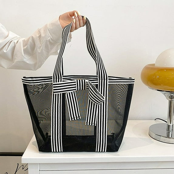 Qonioi Transparent Mesh Tote Bag, Fashion Hollow Handbag for Women Shopping Travel, See Through Bag, Clear Tote, Mesh Shoulder Bag