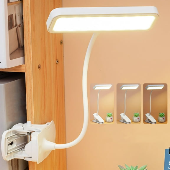 Qonioi USB Rechargeable Clip Lamp, 3 Brightness Reading Light with Flexible Gooseneck, Battery Powered Book Light for Bed Desk Headboard, Portable LED Clip On Lamp for Studying Working Night Light
