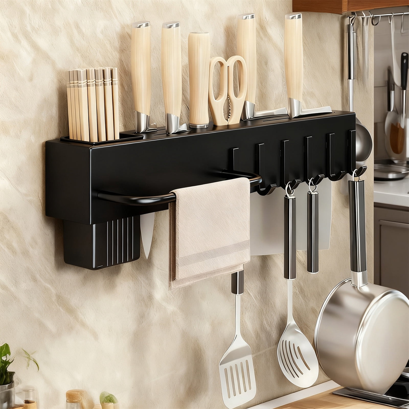 Qonioi Wall Mounted Multifunctional Knife Rack, No Hole Kitchen Shelf ...