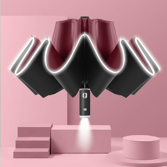 Qonioi Windproof Travel Umbrella, LED Flashlight Handle with Reflective Tape Auto Open Close, Rain Cover Weather Protection