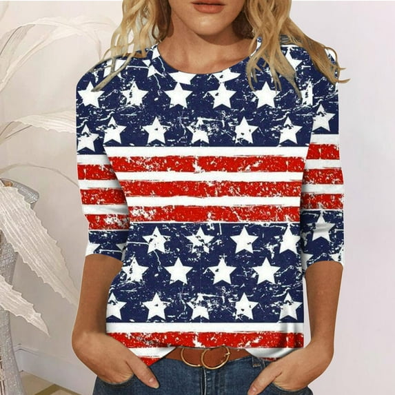 Xihbxyly Womens Tops Womens 3/4 Sleeve Tops Women's Independence Day Tops Printed T-Shirt Round Blouse Vacation Workout Tops Casual Loose Lightweight Shirts Graphic Tees