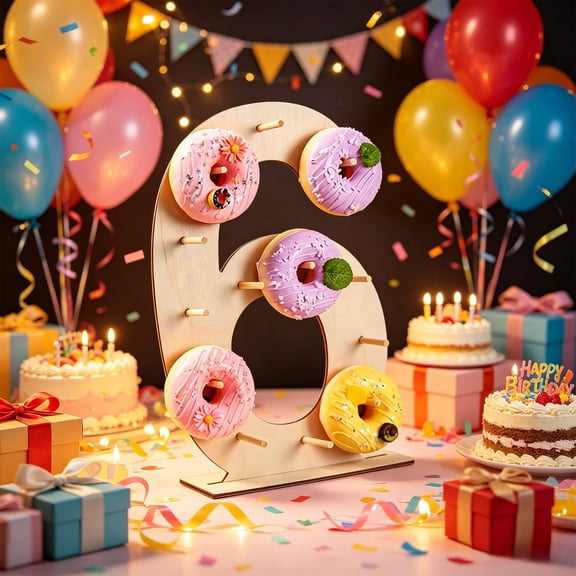 Qonioi Wooden Donut Stand Number 6, Sturdy Display Rack for Birthday Wedding Graduation Party, Multi-Purpose Dessert Table Decor for Celebration Events