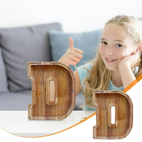 Qonioi Wooden Letter Savings Bank, Transparent Glass Coin Bank with English Alphabet, Money Box, Piggy Bank