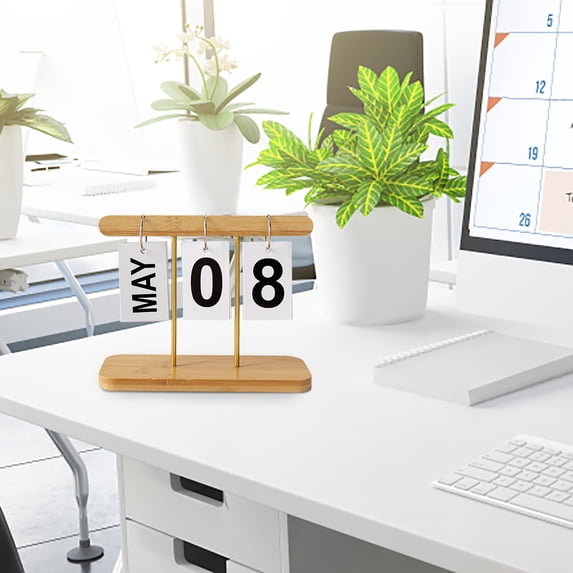 Qonioi Wooden Perpetual Flip Calendar, Reusable Desk Calendar with Brass Rings, Creative Office Decor Calendar for Home Desktop and Photo Props