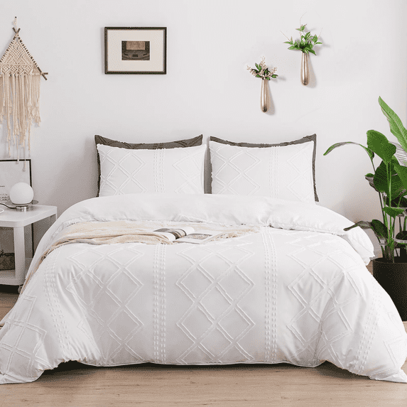 Qookiee Boho Duvet Cover Set King Size White Tufted Bedding White Geometric Textured, Soft Washed Microfiber With Zipper Closure 1 Duvet Cover 102x90 in and 2 Pillow Shams