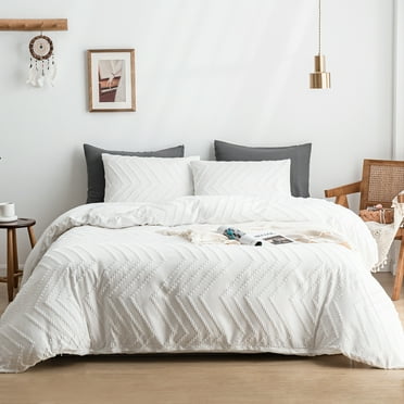 Qookiee Duvet Cover Set Tufted Bedding Duvet Covers Soft Washed Microfiber Duvet Cover Queen Size 3 Piece Embroidery Duvet Cover with Zipper Closure(White, Queen)