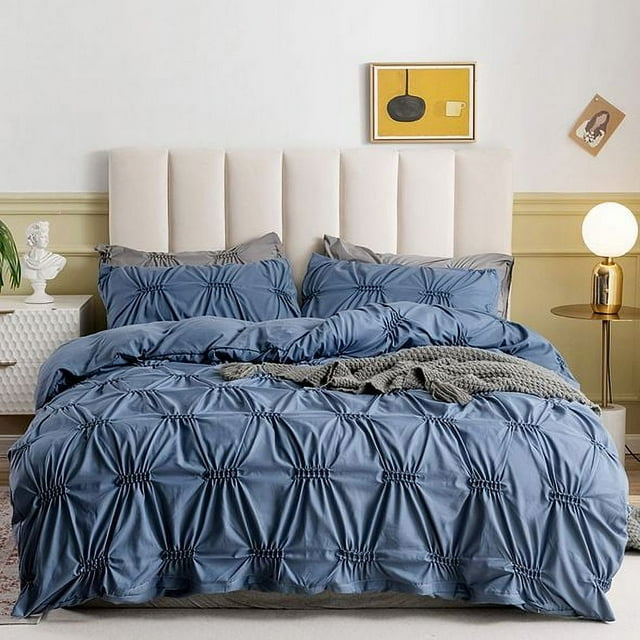 Qookiee Luxury Pinch Pleated Queen Duvet Set Blue, Soft Microfiber