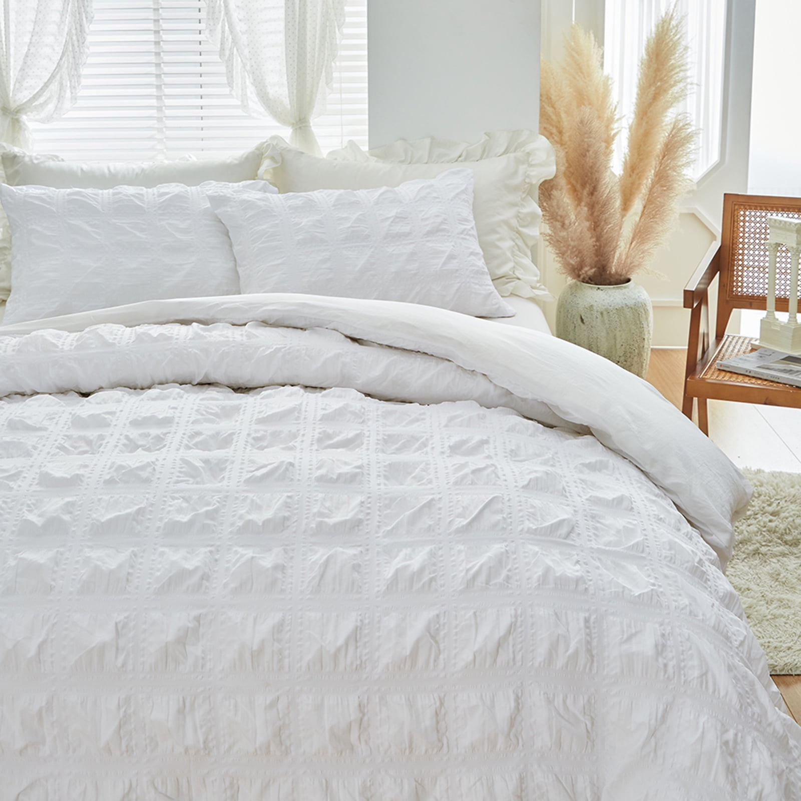 Qookiee White Seersucker Duvet Cover Set Textured White Duvet Cover 2