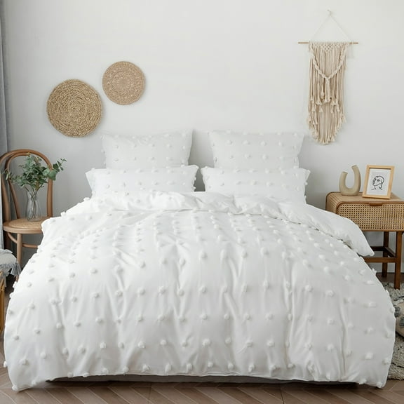 Qookiee White Tufted Dot Duvet Cover Sets Queen Size Boho Soft Embroidery Shabby Chic Duvet Covers 100% Soft Luxury Microfiber Washed Bohemian Bedding Sets 1 Duvet Cover 90x90 in and 2 Pillow Shams