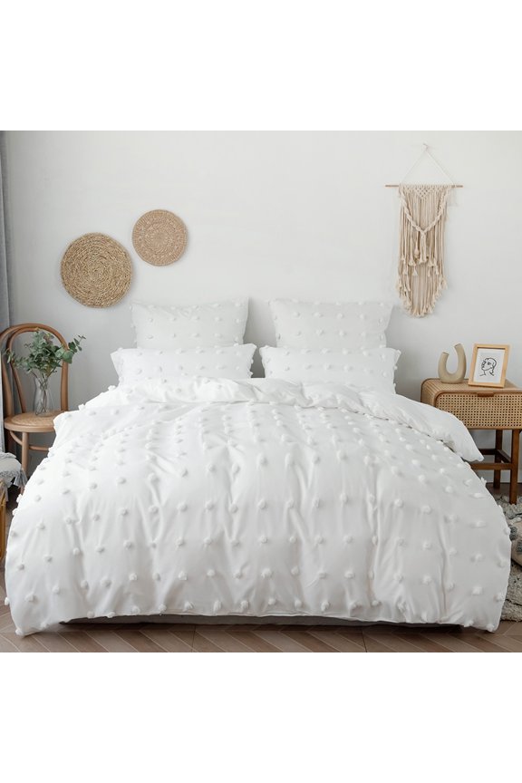 White Tufted Dot Duvet Cover Sets Queen Size Boho Soft Embroidery Shabby Chic Duvet Covers 100% Soft Luxury Microfiber Washed Bohemian Bedding Sets 1 Duvet Cover 90x90 in and 2 Pillow Shams