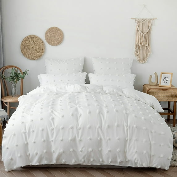 Qookiee White Tufted Dot Duvet Cover Sets Twin Size Boho Soft Embroidery Shabby Chic Duvet Covers 100% Soft Luxury Microfiber Washed Bohemian Bedding Sets 1 Duvet Cover 66x90 in and 1 Pillow Shams